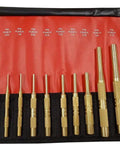 Brass Pin Punch Set, 12 Piece, 1/16 To 1/2 Inch, Non Marring And Non Sparking in anti-slip pouch with labeled slots