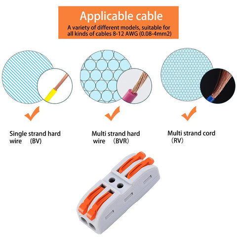 Push In Wire Connectors 20 Pack Quick Electrical Cable Connectors 2 Pin For 28 To 12 AWG Cables shown with applicable wires