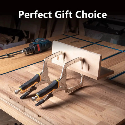 Heavy Duty Quick Release Pocket Hole Clamps Pair featuring Lock Tight Right Angle Vise Grips holding wood on a workbench.