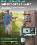 Brass Swivel Sprinkler Timer Set For Garden Hose, 2-Pack No-Fuss Programmable Hose Timer With Rain Delay And Manual Watering, mounted on a faucet