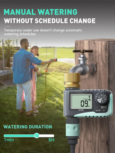 Brass Swivel Sprinkler Timer Set For Garden Hose, 2-Pack No-Fuss Programmable Hose Timer With Rain Delay And Manual Watering, mounted on a faucet