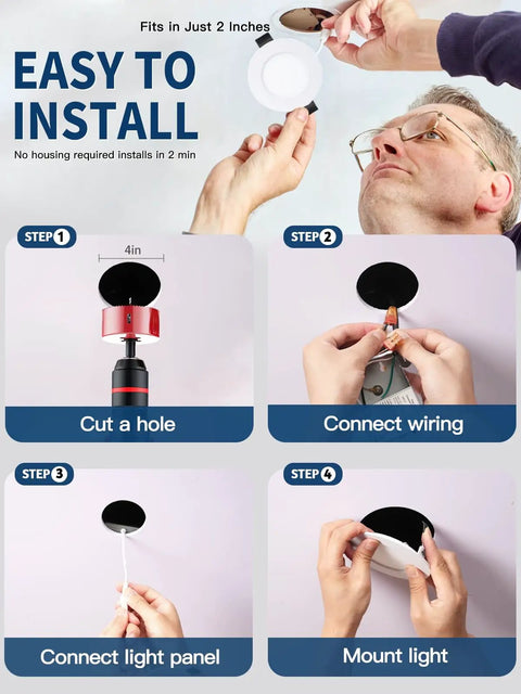 Installation steps for POPANU 6 Inch LED Recessed Light 12 Pack, Canless Wafer Lighting, 6000K White with hands and tools.