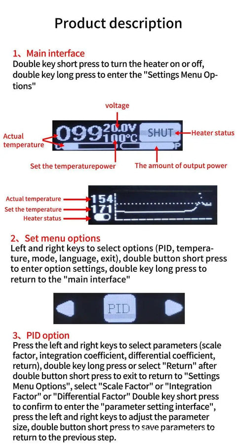 OLED display interface of On The Go SMD Soldering Preheater Plate 65W showing settings and temperature controls for PCB repair