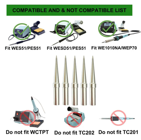 ET Tips Set For Weller Soldering Stations WE1010NA WES51 WESD51 PES51 WEP70 12 Pc Pack compatibility chart.