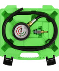 Green case with Exhaust Back Pressure Tester And Gauge Kit With Oxygen Sensor Adapters, hose, and gauge for PSI readings.