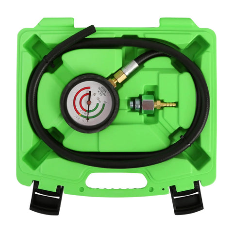 Green case with Exhaust Back Pressure Tester And Gauge Kit With Oxygen Sensor Adapters, hose, and gauge for PSI readings.