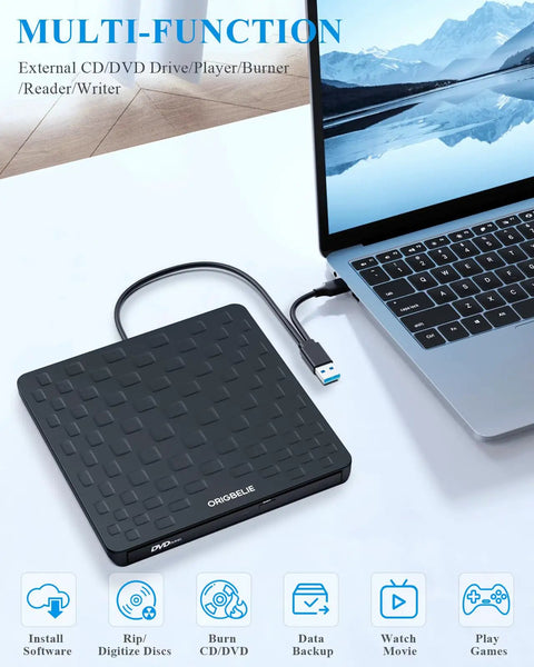 External CD DVD Drive For Laptops USB 3 Type C Plug And Play Portable Optical Drive No Driver Required USB Powered 13mm Slim DVD Player Compatible With Windows Mac Linux Travel Friendly black slim drive connected to laptop