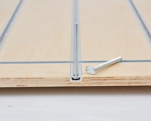 48 Inch Aluminum T Track Set For Woodworking Tables Silver Finish 4 Pack With 54 Wood Screws Fits 1/4 Inch Or 5/16 Inch T Bolts Hold Down Clamps For Saws And Workbenches installed in plywood