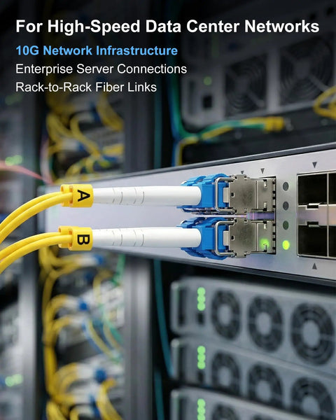 Heavy Duty Os2 Single Mode Lc To Lc Fiber Patch Cable With Top Shelf Upc Connectors connected in a server rack for fast data transfer.