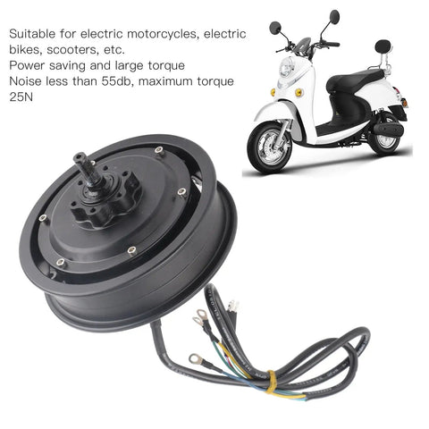 10 Inch Brushless Disc Brake Hub Motor 1200W 1250RPM IP54 Rated shown with wiring and scooter compatibility details