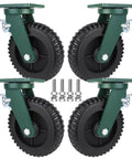 Badass Heavy Duty Industrial Caster Set Of Four Swivel Wheels With Parking Brakes Slick Rubber Tread Rock Solid Steel Plate Mount Deep Groove Ball Bearing Four Thousand Four Hundred Pound Load Rating with green steel base and rubber tread.