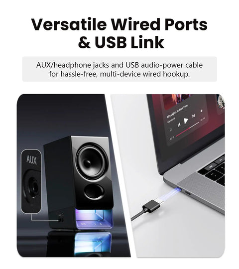 Desktop Speaker System With 2.75 Inch Full Range Drivers And Bluetooth 6.0 showing AUX and USB-C connection