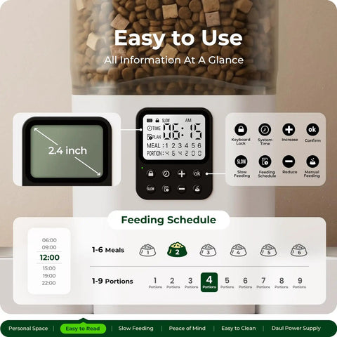 Slick Dual Pet Feeder For Cats And Dogs With Slow Feed Dispenser Programmable Timer control and feeding schedule display.