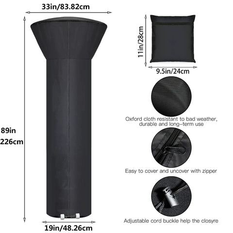 Heavy Duty Patio Heater Cover With Zipper And Storage Bag Waterproof Dustproof Wind Resistant Snow Resistant Sunlight Resistant Weatherproof All Weather Protection Black 89 Inch Tall Dome 33 Inch Base featuring Oxford cloth, measurements, and zipper details
