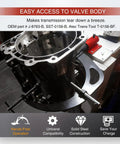 Universal Transmission Holding Fixture With Base For Rebuilding GM Transmissions showcasing steel construction and valve access