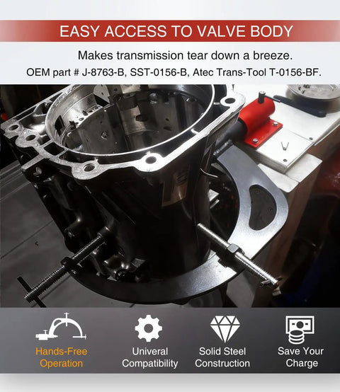 Universal Transmission Holding Fixture With Base For Rebuilding GM Transmissions showcasing steel construction and valve access