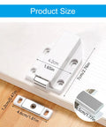 Grab These Slay Touch Activated Cabinet Door Catches With Secure 4 Point Fastening. Durable Abs Steel Build For Kitchens And Baths Ensures Invisible Smooth Shaking Proof Performance Today!. Image showing dimensions of hooks.