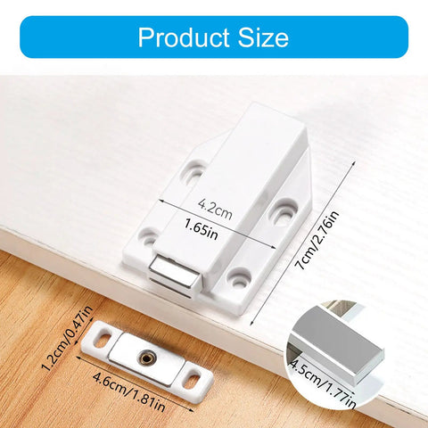 Grab These Slay Touch Activated Cabinet Door Catches With Secure 4 Point Fastening. Durable Abs Steel Build For Kitchens And Baths Ensures Invisible Smooth Shaking Proof Performance Today!. Image showing dimensions of hooks.
