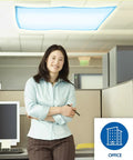 Woman in office with Tranquil Blue Fluorescent Light Covers 4 Pack For Classroom Office And Home, calm ambiance overhead.