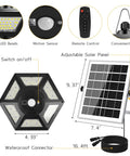 Diagram of Dual Head Solar Pendant Lights With Motion Sensor for Outdoor and Indoor Use, 180 LED system showing components and dimensions.