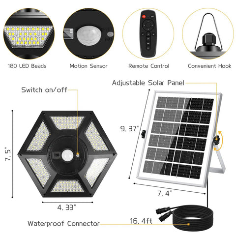 Diagram of Dual Head Solar Pendant Lights With Motion Sensor for Outdoor and Indoor Use, 180 LED system showing components and dimensions.