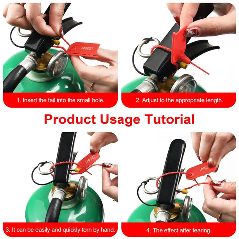 Plastic Tamper Seals Set Of 100 Pull Tight Security Seals With Breakaway Tags for fire extinguishers, usage tutorial displayed.