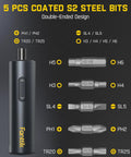 Sleek Pocket Capsule Cordless Electric Screwdriver Kit With Deluxe Extra Bit Holder And Storage Pouch showing 5 PCS Coated S2 Steel Bits