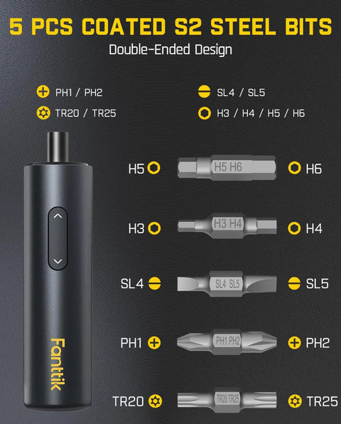 Sleek Pocket Capsule Cordless Electric Screwdriver Kit With Deluxe Extra Bit Holder And Storage Pouch showing 5 PCS Coated S2 Steel Bits