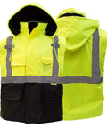 Front back view of Hi Viz Safety Bomber Jacket With Detachable Sleeves For Work, ANSI Class 3 High Visibility, Large