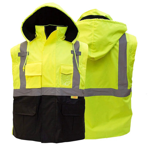 Front back view of Hi Viz Safety Bomber Jacket With Detachable Sleeves For Work, ANSI Class 3 High Visibility, Large