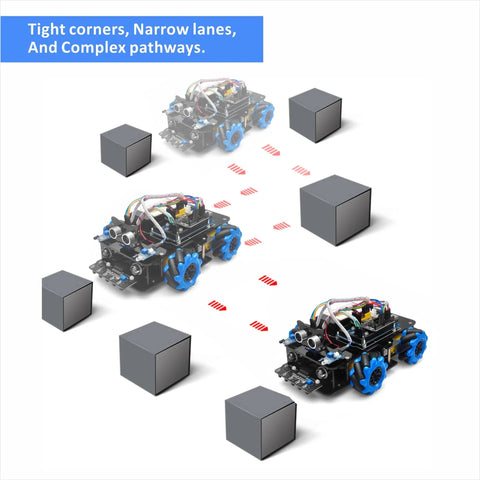 Three Arduino Mega2560 compatible Mecanum-wheeled robot cars with blue wheels and wiring, navigating grey blocks.