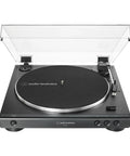 Audio-Technica At-Lp60X-Bk Fully Automatic Belt Drive Stereo Turntable Black with dust cover and aluminum platter.