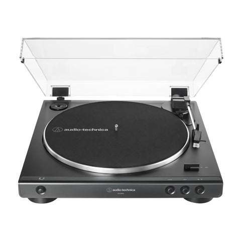 Audio-Technica At-Lp60X-Bk Fully Automatic Belt Drive Stereo Turntable Black with dust cover and aluminum platter.