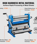 Diagram of 12 Inch 3 In 1 Sheet Metal Shear Brake Roll Machine For Home Shop DIY Friendly, highlighting material hardness and components.