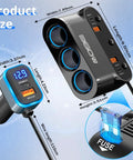 Bulletproof Car Cigarette Lighter Splitter Adapter With Triple 12V Sockets And Six USB Ports, dimensions displayed.