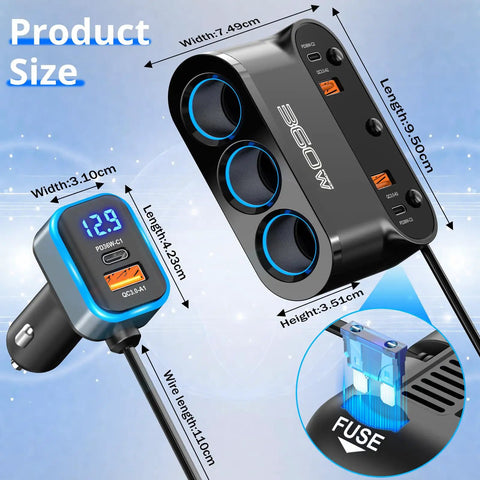 Bulletproof Car Cigarette Lighter Splitter Adapter With Triple 12V Sockets And Six USB Ports, dimensions displayed.