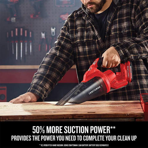 Person using V20 Cordless Hand Vacuum With 45 CFM Power Two Stage Filtration Keeps Suction Strong As Debris Buildup Occurs Fifty Percent More Suction Power Crevice Tool For Tight Corners Large Dust Bowl Battery And Charger Included on a wooden surface.
