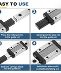 Easy installation guide for Top Notch Uxcell MGN12C 200mm Linear Sliding Rail Guide with carriage block and mini hex wrench.