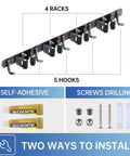 2 Pack Broom Holder Wall Mount With 4 Racks And 5 Hooks Mop Organizer Beefy Stainless Steel Heavy Duty Garage Storage Racks For Home Kitchen Garden Laundry Black