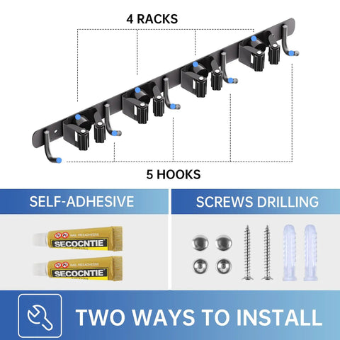 2 Pack Broom Holder Wall Mount With 4 Racks And 5 Hooks Mop Organizer Beefy Stainless Steel Heavy Duty Garage Storage Racks For Home Kitchen Garden Laundry Black