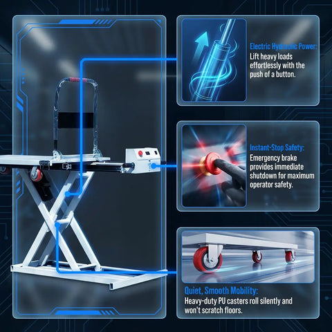 Slick Foldable Hydraulic Lift Cart And Portable Flatbed Truck Effortlessly Haul Heavy Loads Without The Sweat showing electric hydraulic power and safety features.
