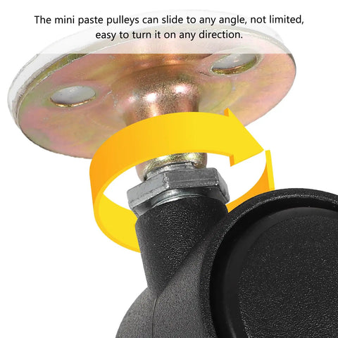 Four Pack Swivel Caster Wheels With Brake showing adhesive base and rotation feature for easy install on furniture