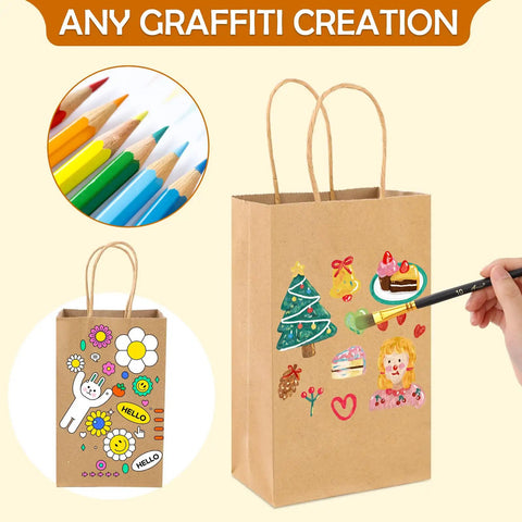 Bulk 200Pcs Kraft Paper Gift Bags With Handy Handles 5.25x3.25x8.25 Inches Durable Brown Gift Wrap Bags For Small Business Birthday Favors Shopping Retail Use Perfect For Party Favors And Bulk Packaging For Retail Shops with hand-painted designs and colored pencils.