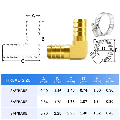 Heavy Duty Brass 90 Degree Elbow Fittings For Water Fuel And Air Systems 3/4 Inch Barb X Barb Hose Coupler With Clamps Super Quick Connect Kit, 3/4 barb size chart
