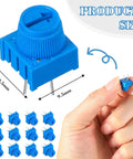 Hand holding blue trim potentiometer from 24 Piece 10K Ohm Trim Potentiometer Kit With Blue Knobs For Breadboards And Prototyping DIY Friendly Variable Resistors For Quick Arduino Projects Replacement Parts Durable And Easy To Use, size shown with diagram.