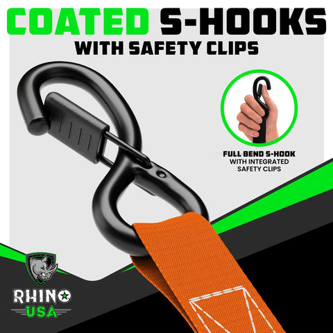 Hella Tough Heavy Duty Ratchet Straps 4 Pack Tie Down Cargo Lashing with coated S-hooks and safety clips for secure loading.