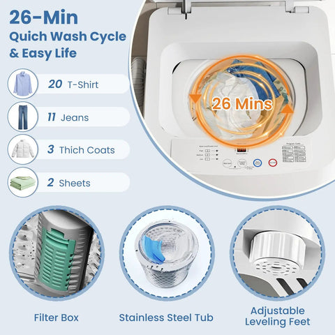 Compact Full Automatic Top Load Washing Machine With Ten Reliable Cycles And Easy Dial Controls showing 26-min wash cycle options and parts.
