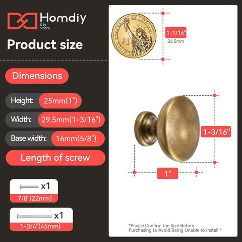 Antique Brass Cabinet Knobs Set of 25 Solid Zinc Alloy Hardware with size dimensions and screws shown in image