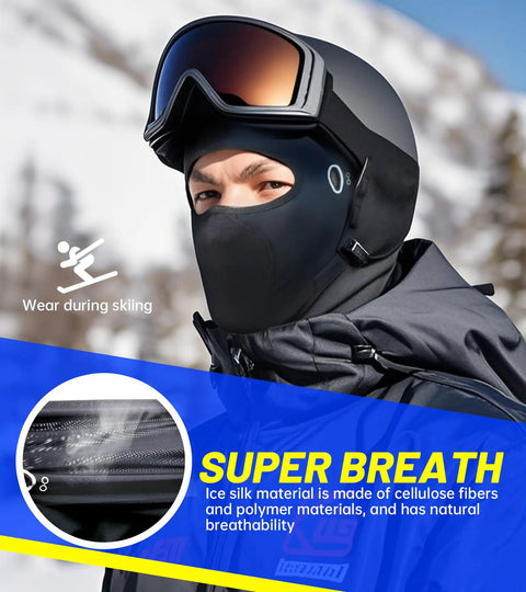 Person wearing Cooling Ice Silk Balaclava Face Mask With Glasses Holes For Men And Women while skiing.