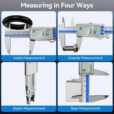 Type C Rechargeable 6 Inch Digital Caliper measuring inside, outside, depth, step; stainless steel, large LCD, DIY use